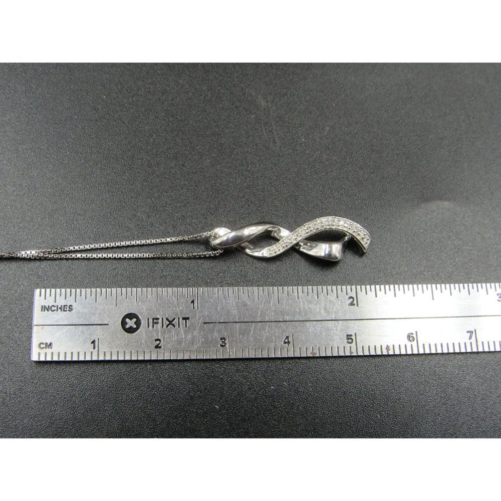 18" Sterling Silver Woven Pattern Diamond Chips Pendant Necklace Vintage Minimal - Picture 6 of 7